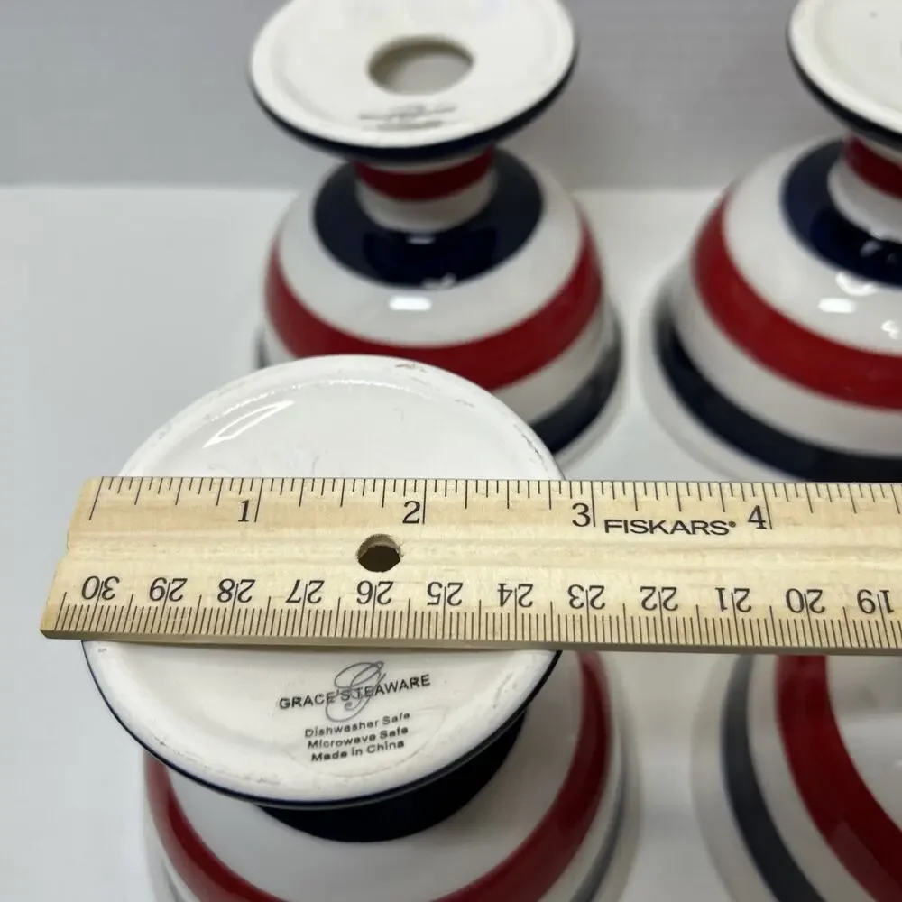Grace's Teaware ICE CREAM Dessert Bowl Ceramic Blue Red White Striped Qty 4